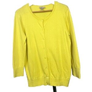 Loft Cardigan Sweater Medium 3/4 Sleeve Yellow 100% Cotton Preppy Classic Office